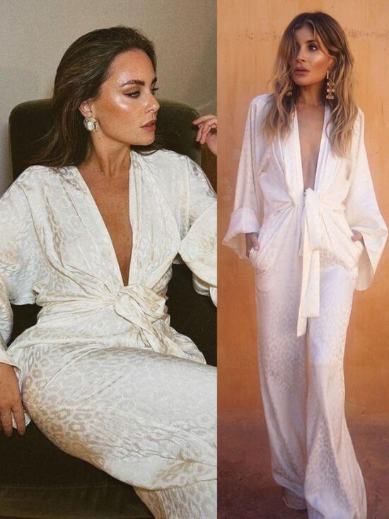 Rat & Boa Pants - Rat & Boa Bianco Kimono Jumpsuit Satin‎ White Animal Print Wide Leg Size XS